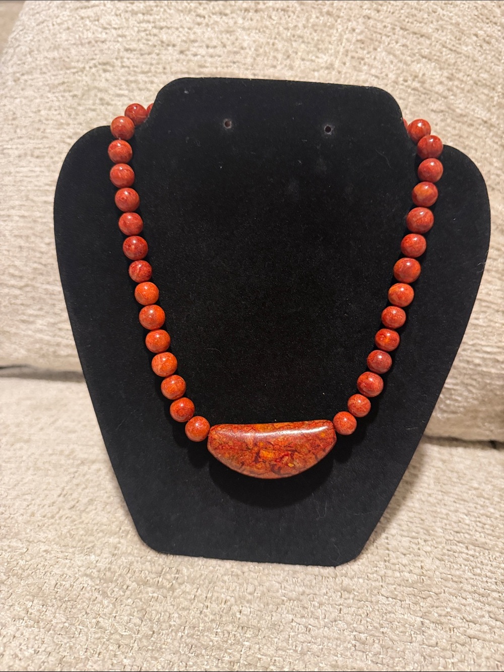 Elegant Red Bead Necklace with Polished Red Focal Stone